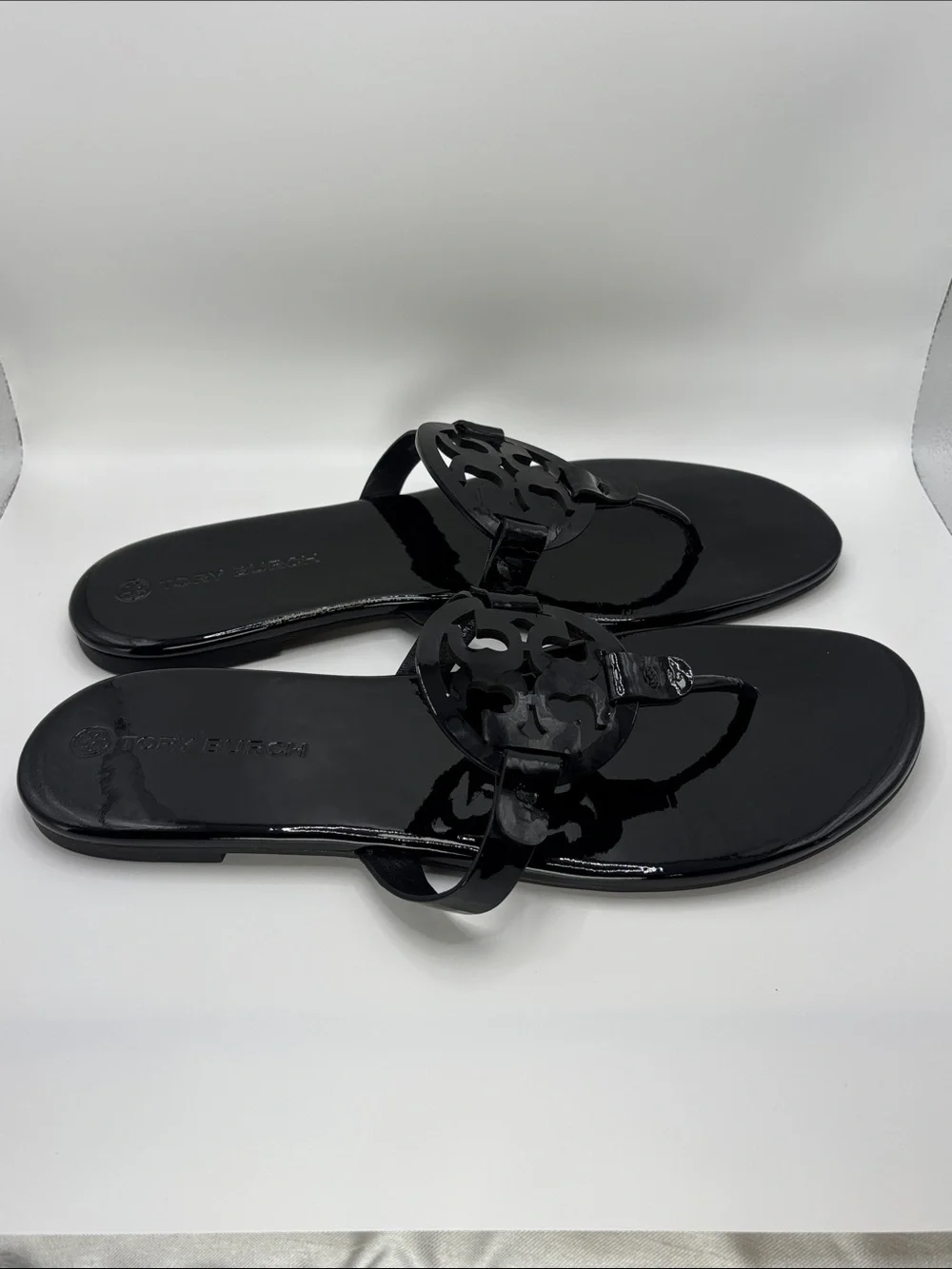 Tory Burch Miller Black Patent Logo Thong Sandals